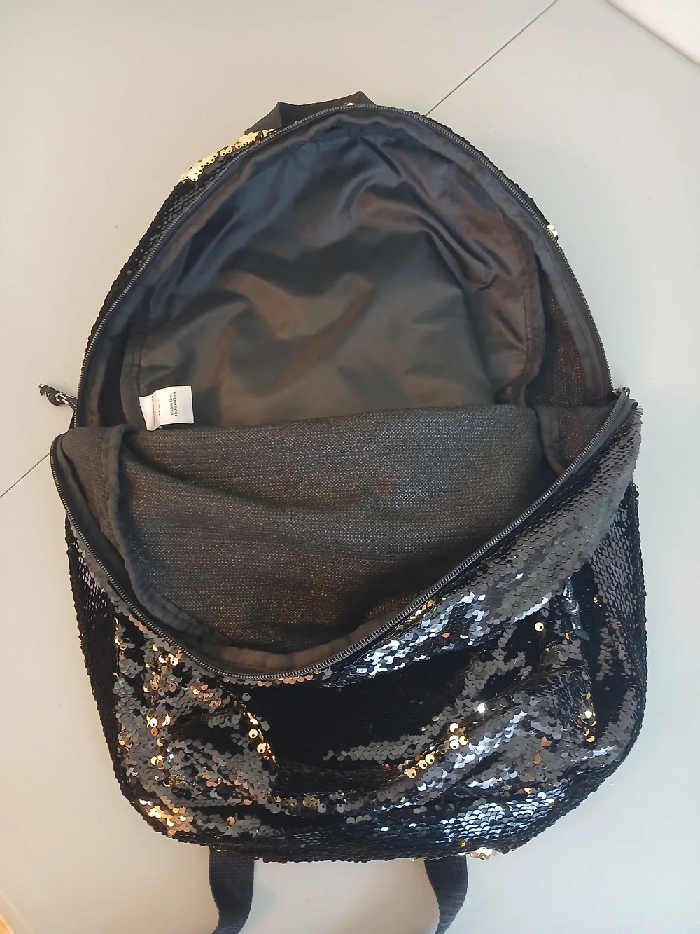 Black & Gold Reversible Sequin Zip Top Backpack NWOT